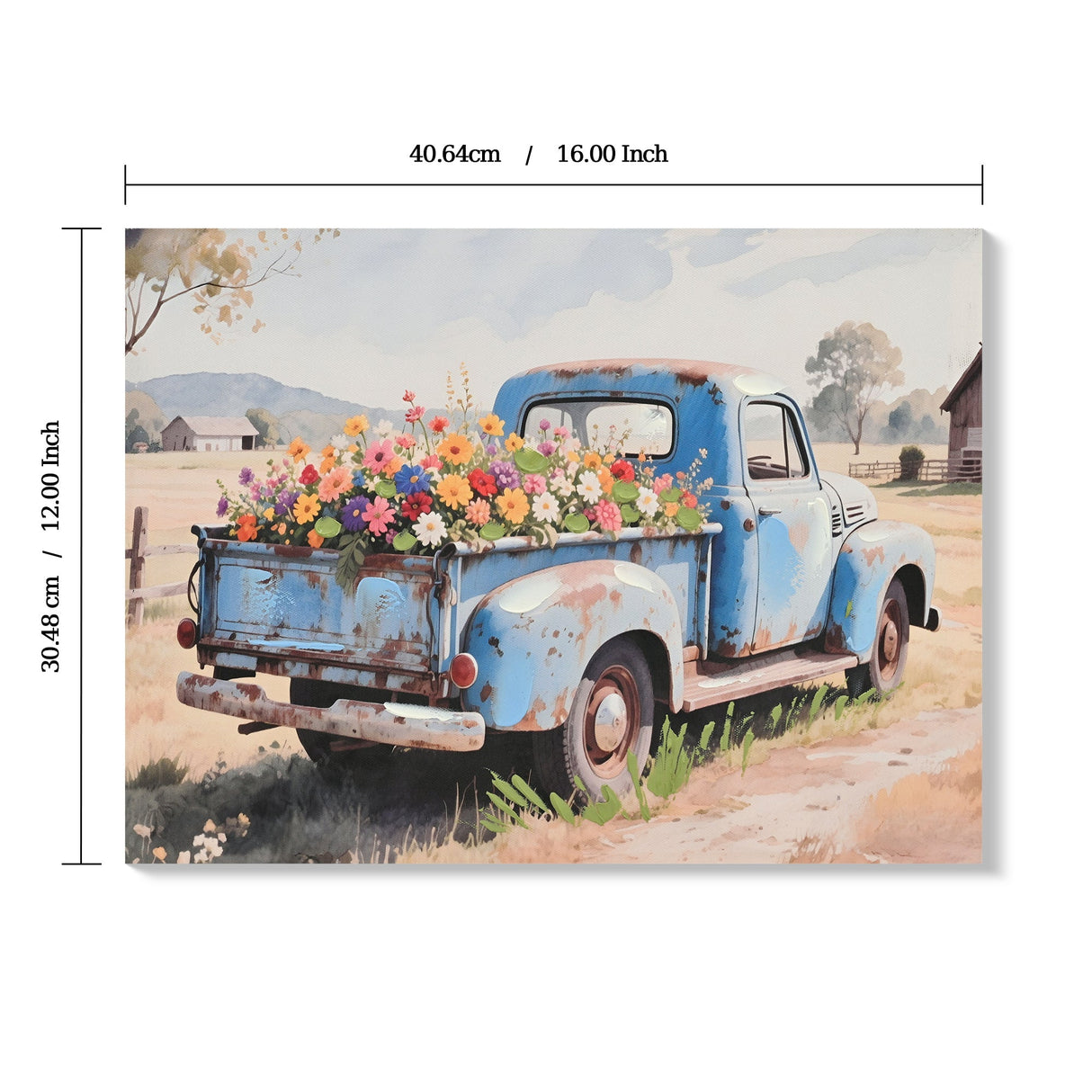 Farmhouse Old Truck Canvas Wall Art, Bloom Wall Art, Country Antique Pickup Truck Canvas Prints, Blue Truck With Red Floral Flower Art Prints for Farmhouse Spring Decor 12' Hx16' W Inches