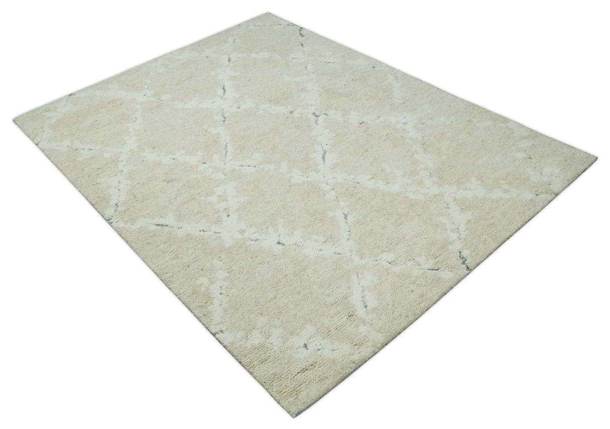 Beige and Ivory Traditional Hand Knotted 8x10 Geometrical Pattern Wool Area Rug