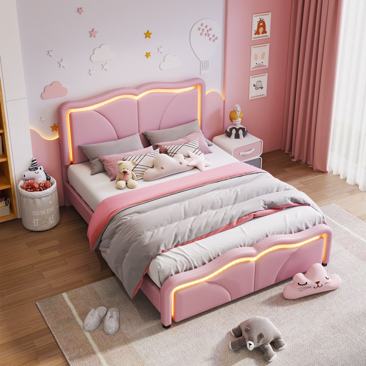 Upholstered Platform Bed & Curve Shaped And Height Adjustable Headboard, LED Light Strips