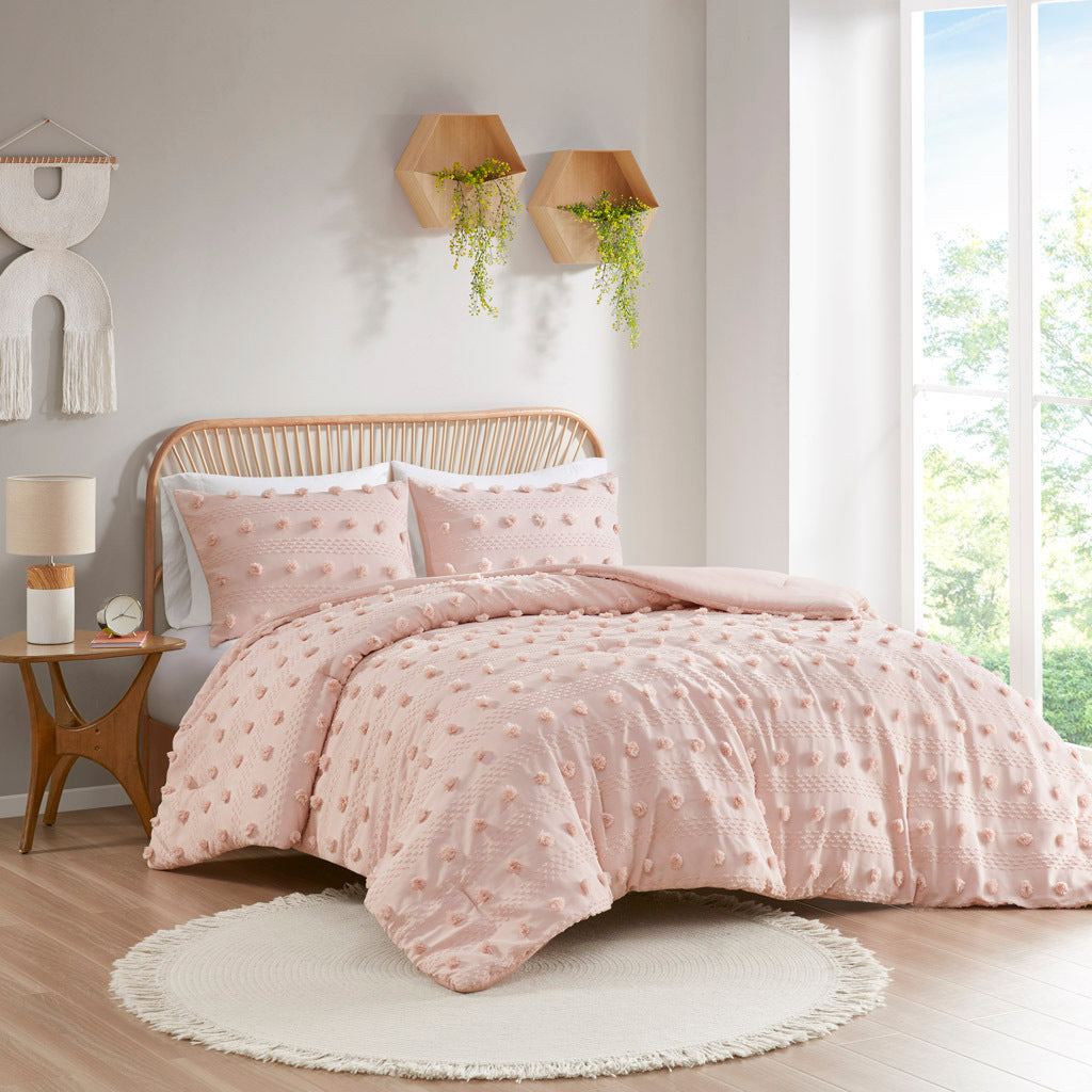 Full/Queen Clip Jacquard Comforter Set with Hypoallergenic Filling - White