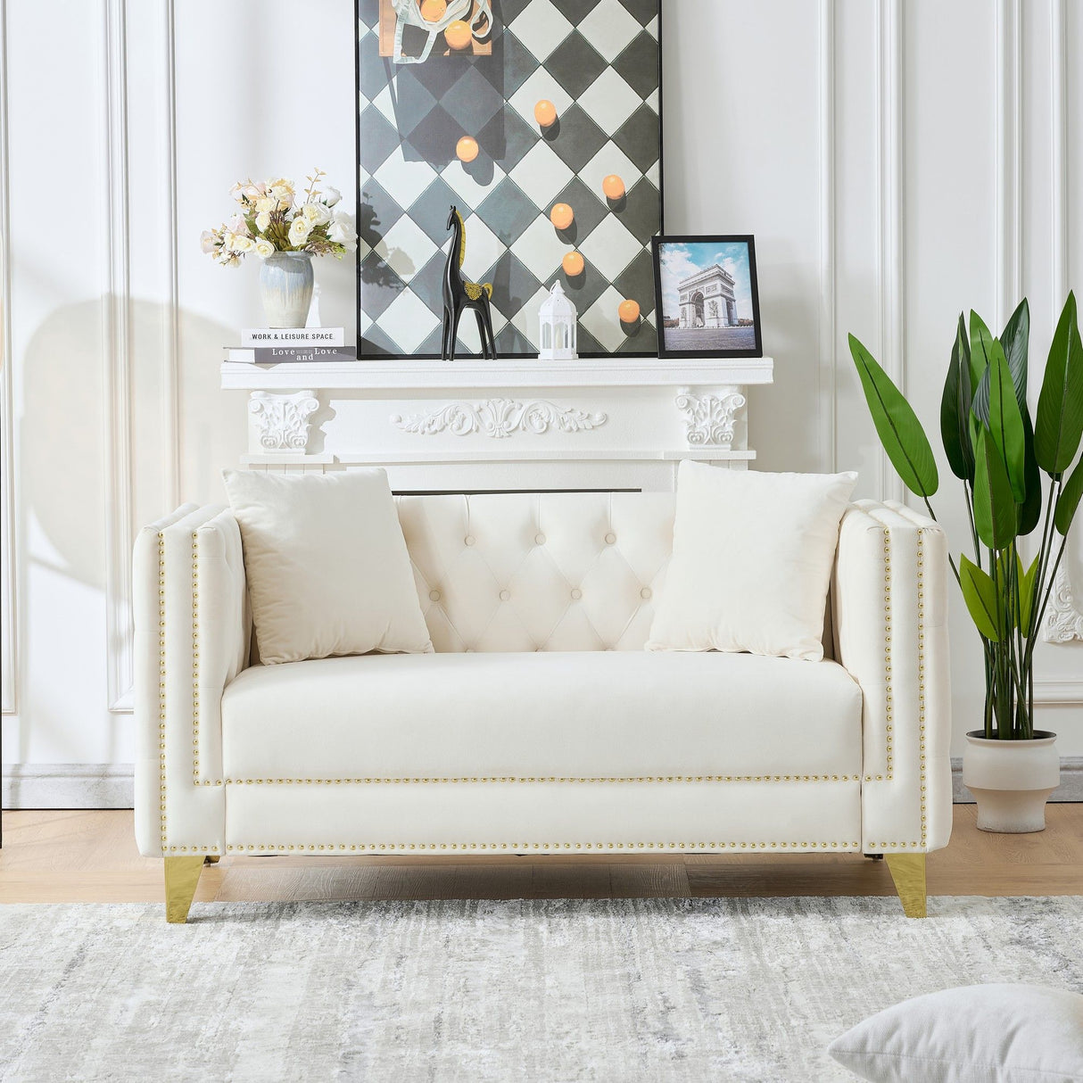 2 Seater Deep Seat Sofa With Button Nailhead, Square Arm