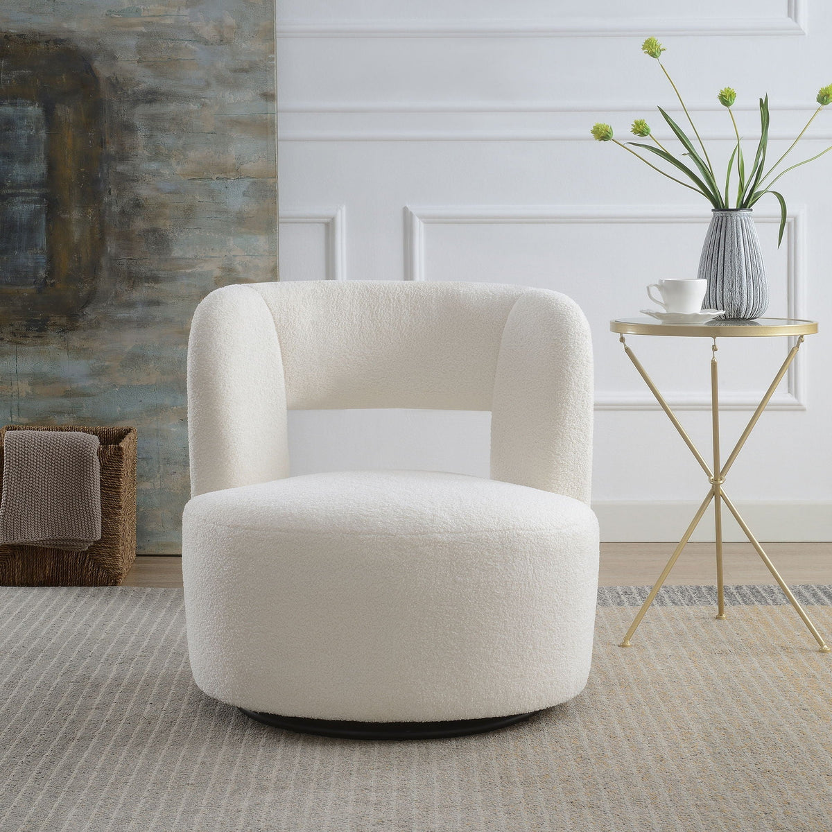 Swivel Comfy Round Barrel Chair With Soft Teddy Fabric For Living Room