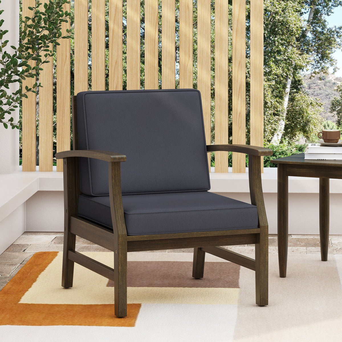 Enchanting Outdoor Club Chair with Slat Panel Design and Water-Resistant Cushion - Dark Gray
