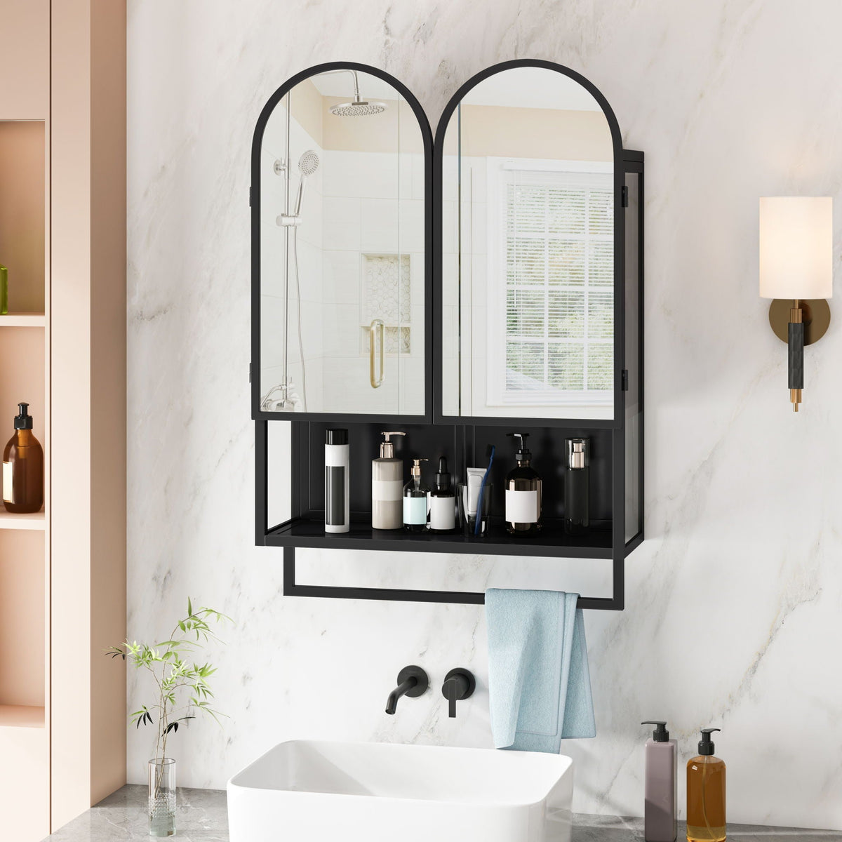 Double Arched Mirror Wall Cabinet With 2 Doors, Featuring Adjustable Shelves And Towel Rack