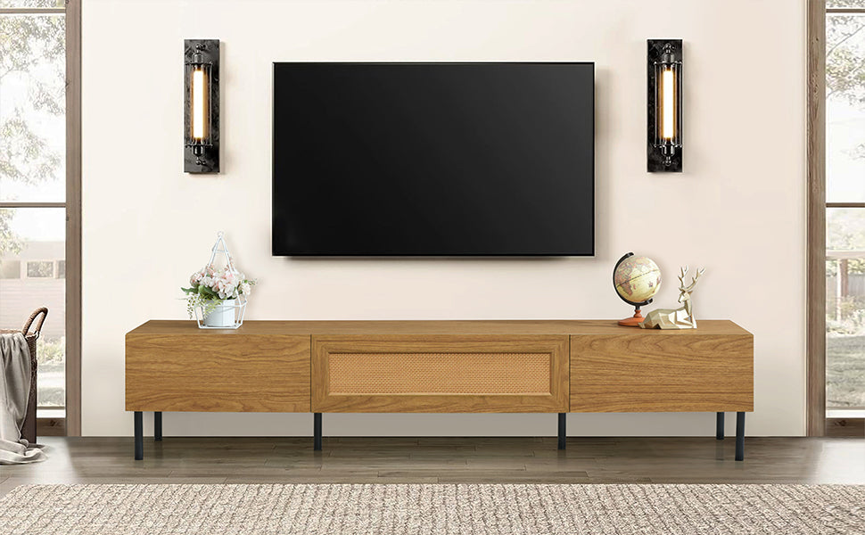 Boho TV Stand for TVs Up to 80" with Rattan Decoration and Metal Legs