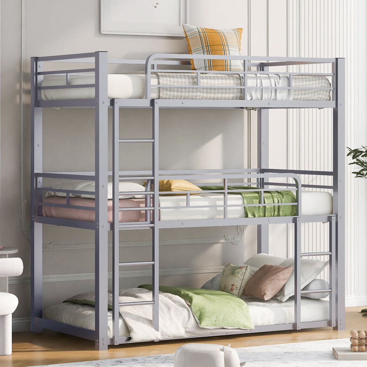 Triple Bunk Bed with Sturdy Metal Frame and Space-Saving Design - Black or Pearl Silver