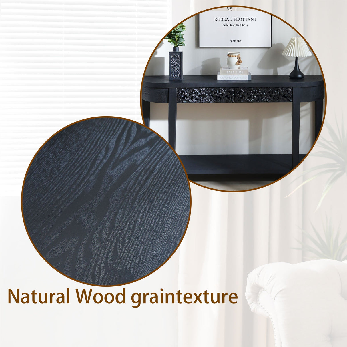 59.2in Black Carved Wooden Console Table with Lower Storage Shelf Tow Drawers– Elegant Decorative Accent for Entryway, Living Room, and Hallway