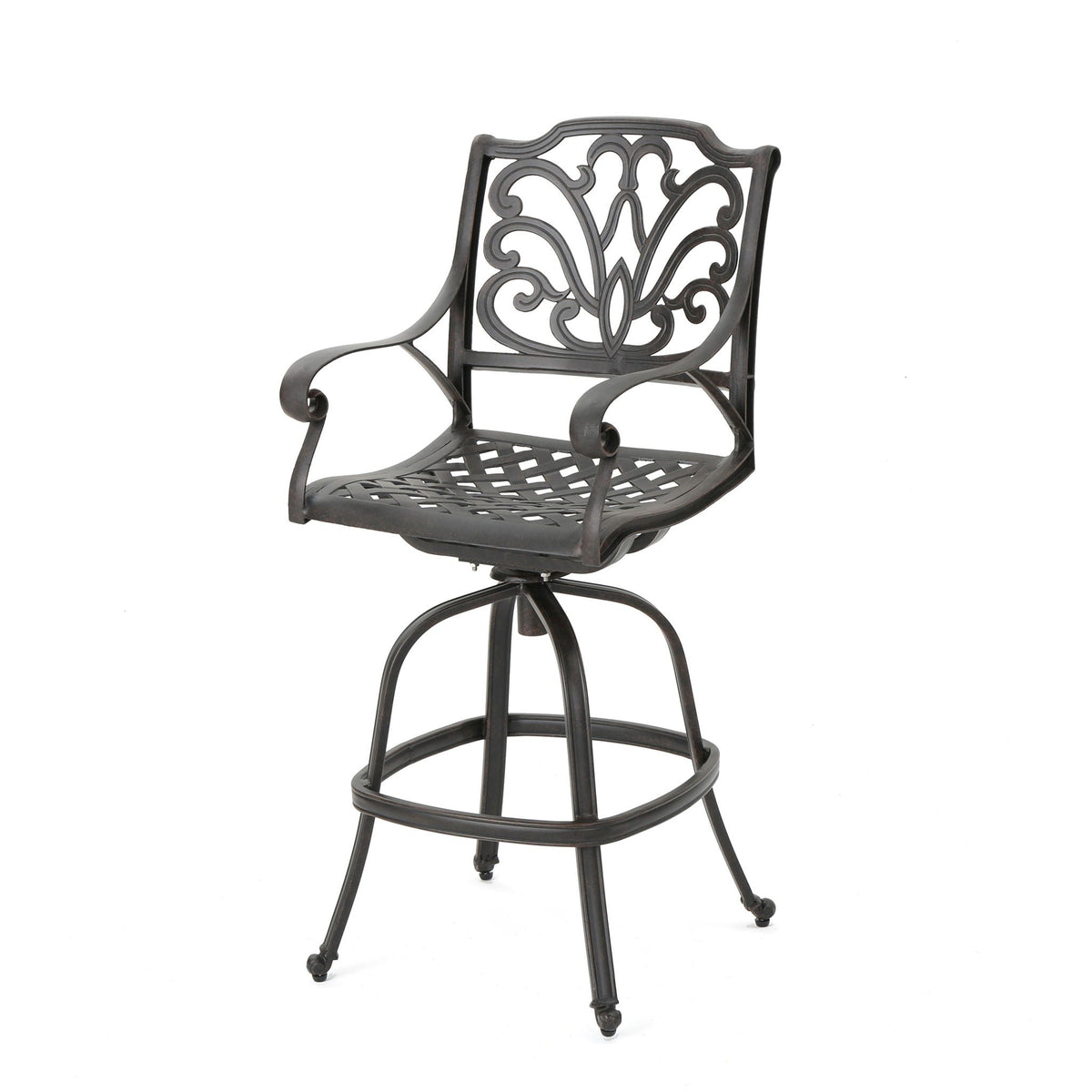 Outdoor Cast Aluminum Swivel Bar Stool with Scrolled Arms - Bronze