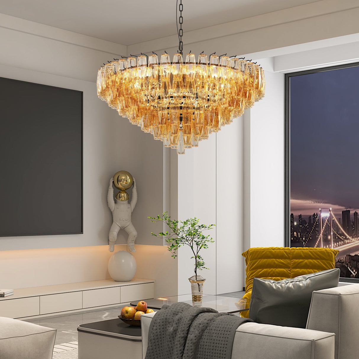 Modern Round 14-Light Black Chandelier with Smoke Glass Tubes