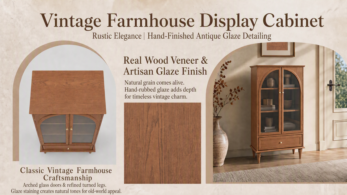 Vintage Farmhouse Arched Glass Accent Cabinet
