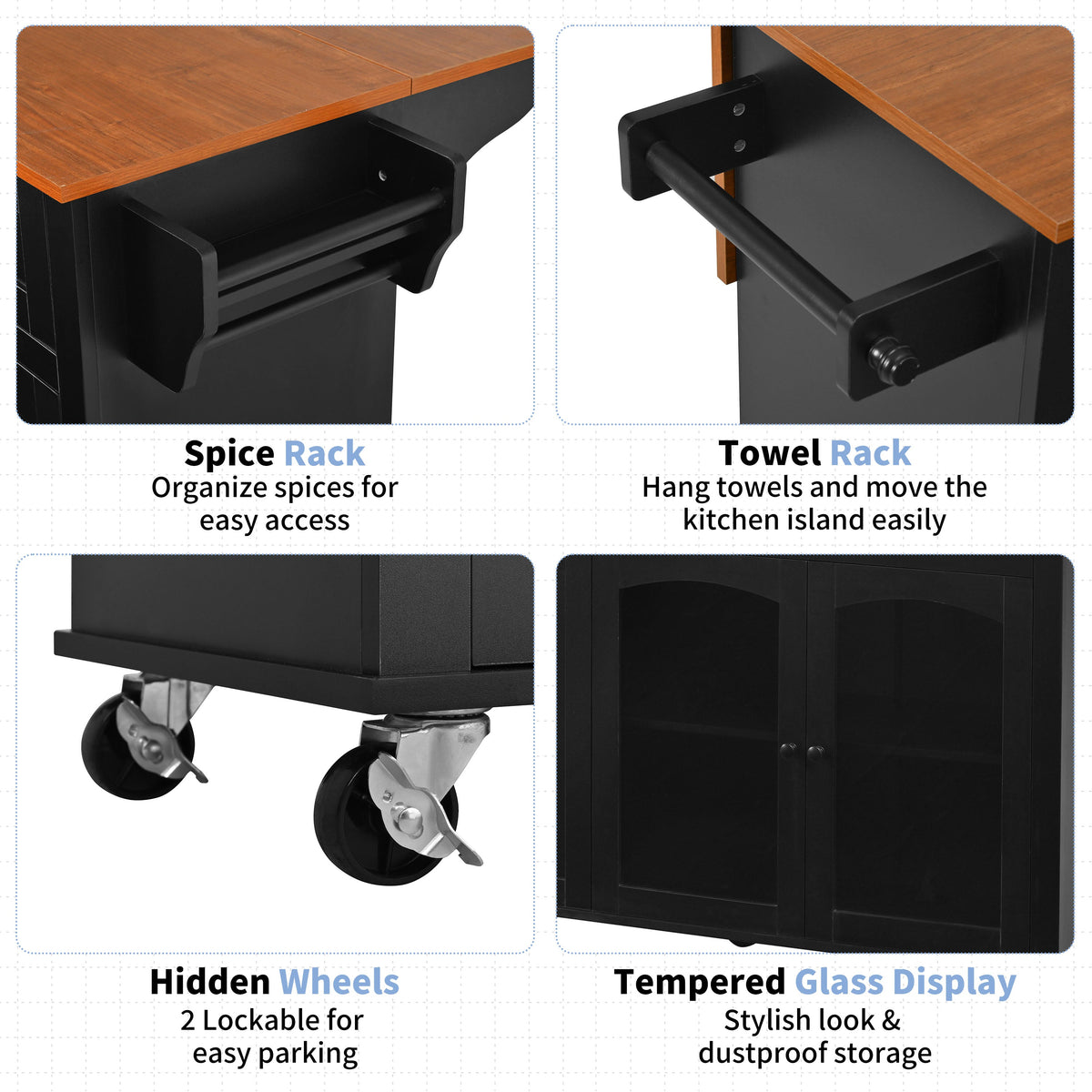 54.2'' Mobile Kitchen Island with Glass Door Storage & Trash Bin