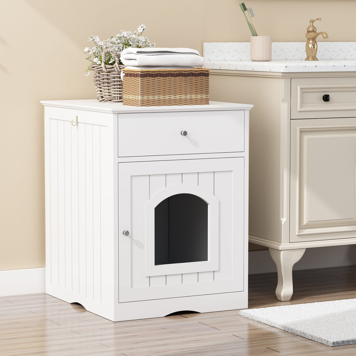 Wood Cat Litter Box Enclosure with Drawer - White or Dark Brown