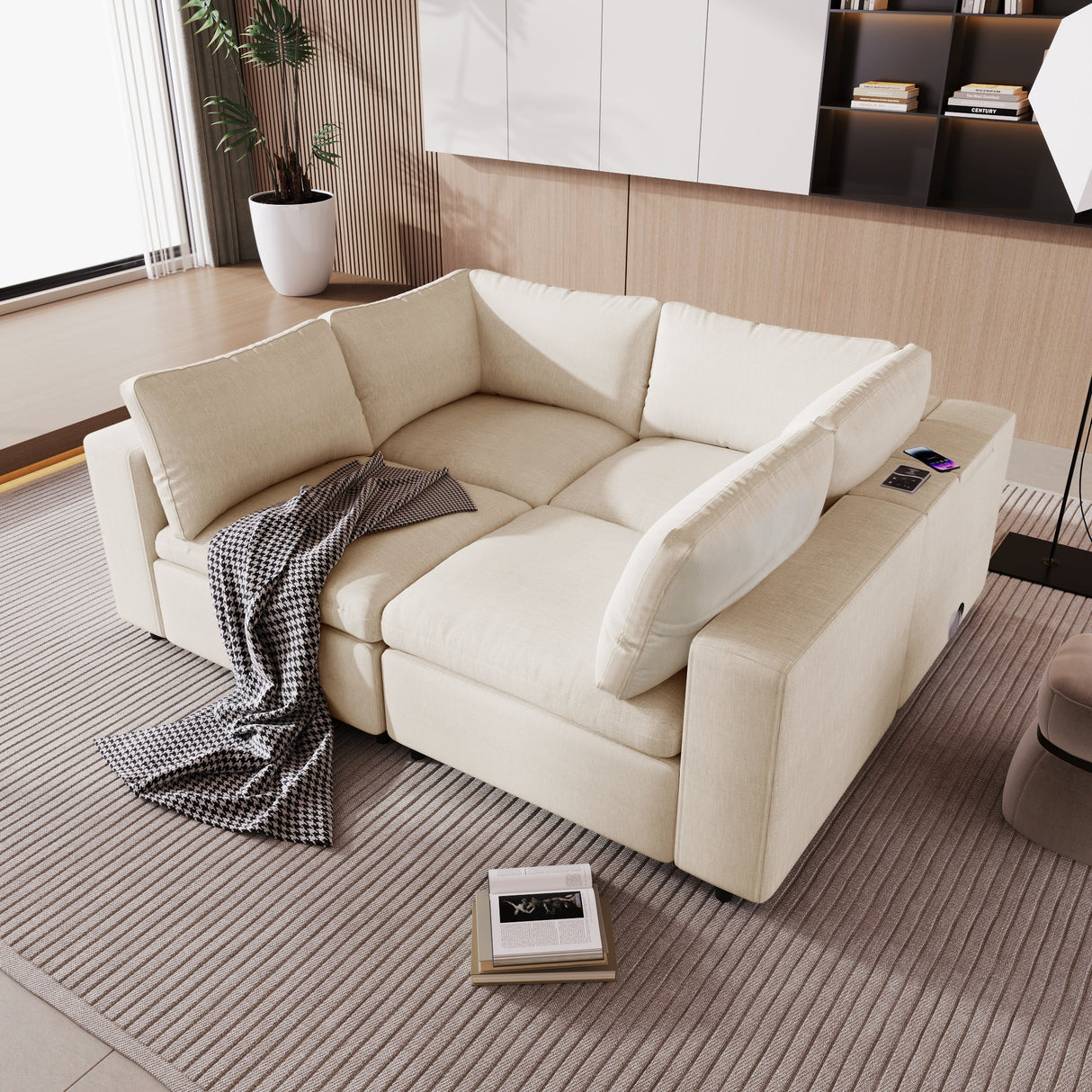 U-style Upholstered Modular Sofa With Storage Space and USB Charge Ports