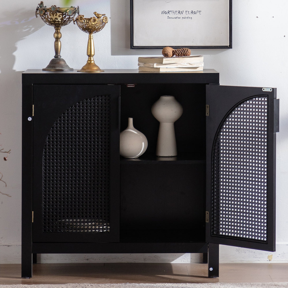 Black Accent Cabinet with 2 Doors 29 Inch Narrow Credenza