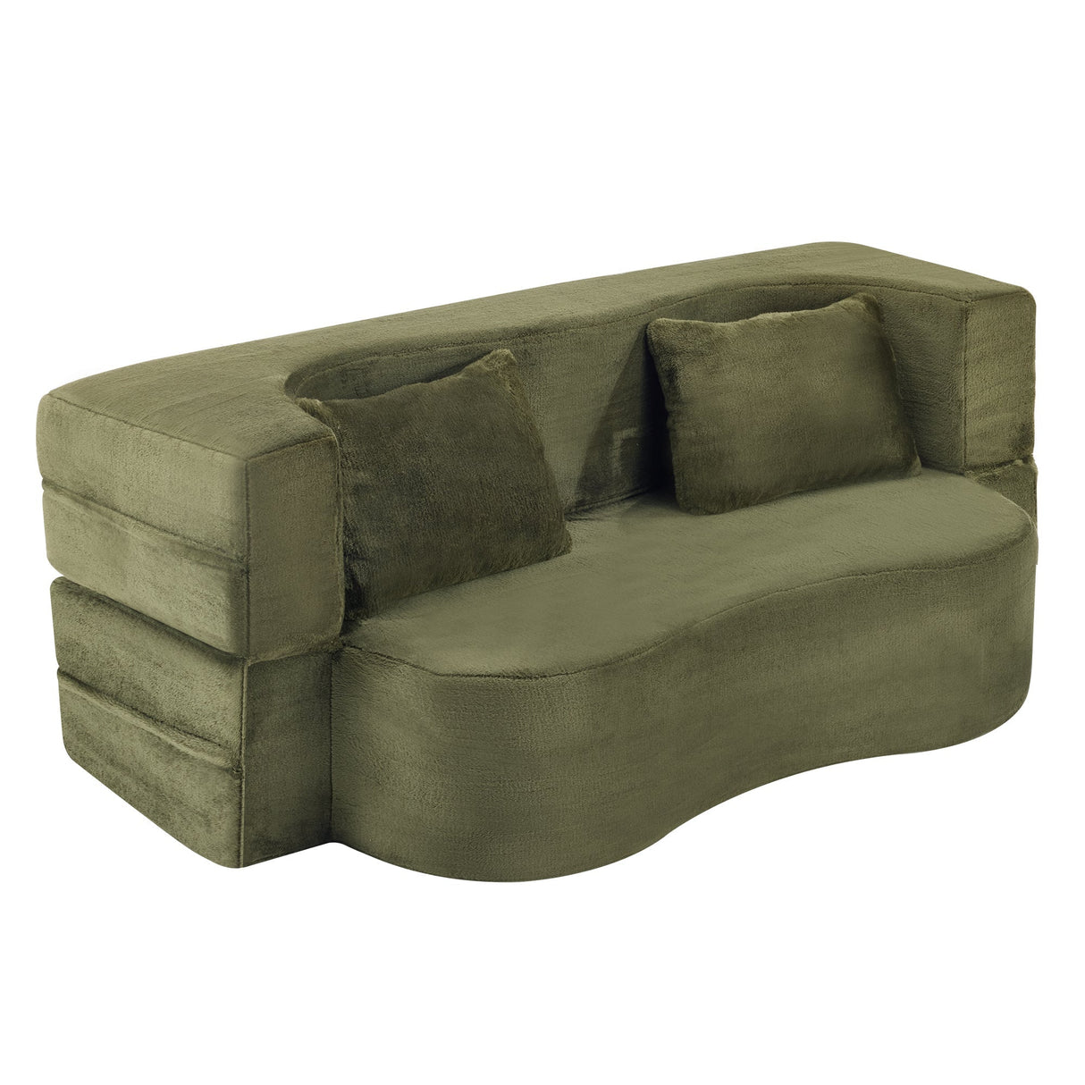 71-Inch Folding Sofa Bed in Green Plush Faux Fur