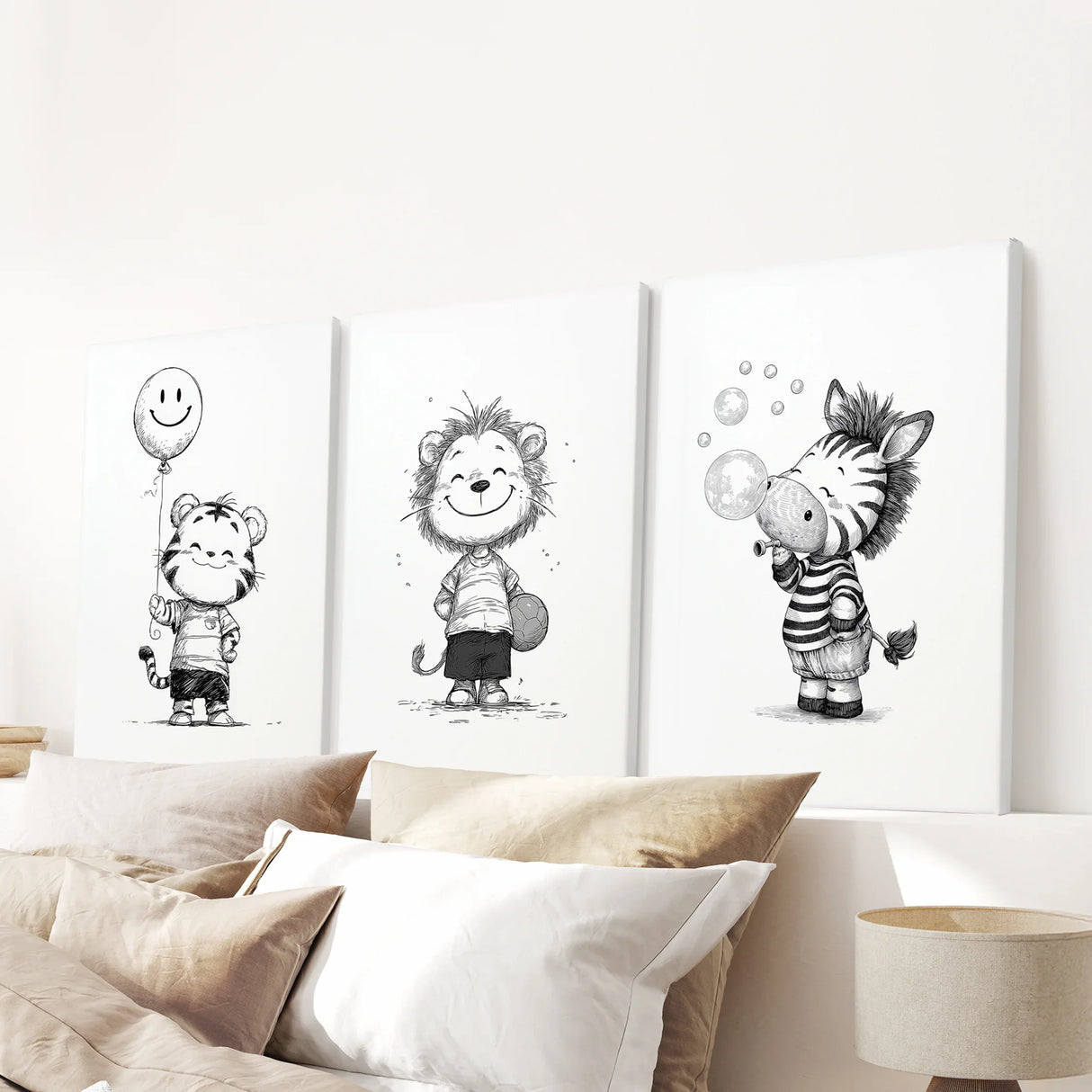 Black White Gender-Neutral Nursery Art Set. Lion Tiger Zebra