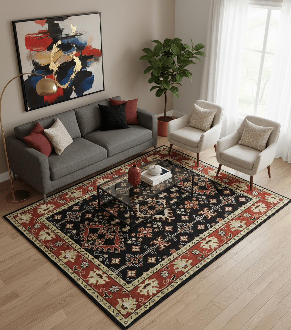 Black, Rust and Beige Traditional Oriental Hand Knotted Custom Made Wool Area Rug