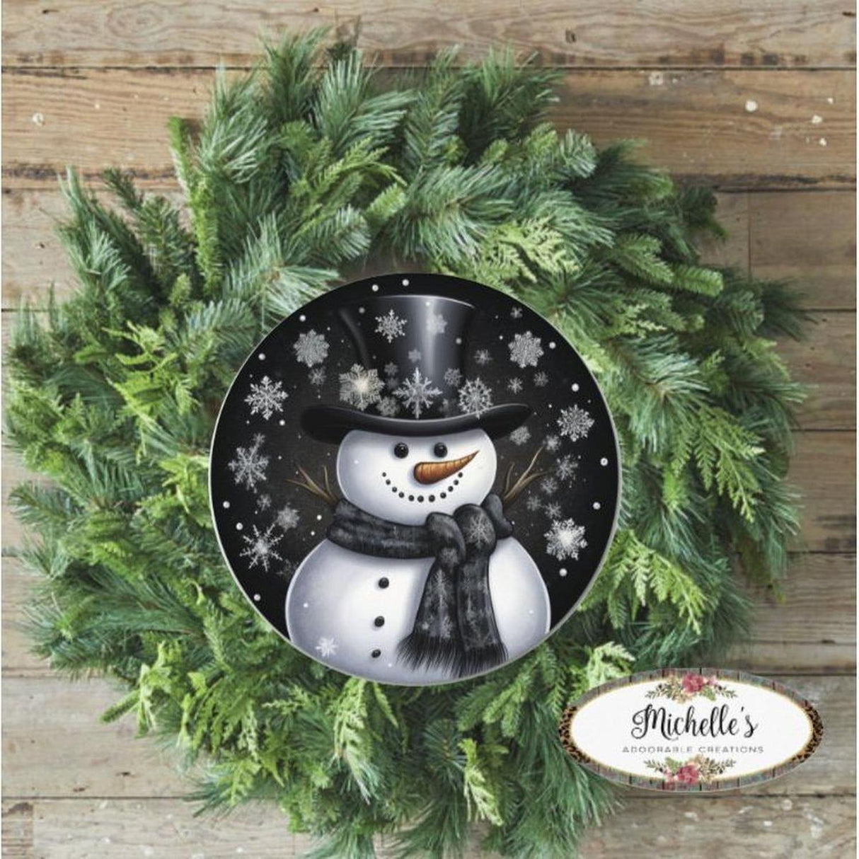 Black Snowflake Snowman Round Sign - Wreath Enhancement