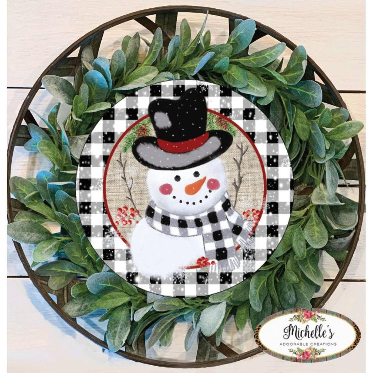 Black White Plaid Snowman Sign