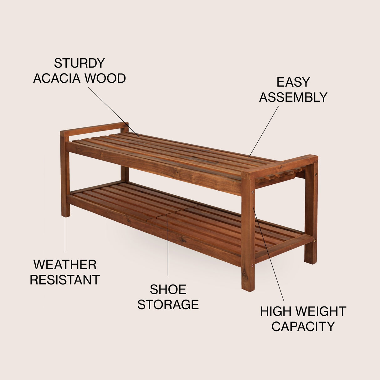 Blane 3 - seat mid - century modern support acacia wood slat outdoor garden patio bench - Tuesday Morning - Outdoor Benches