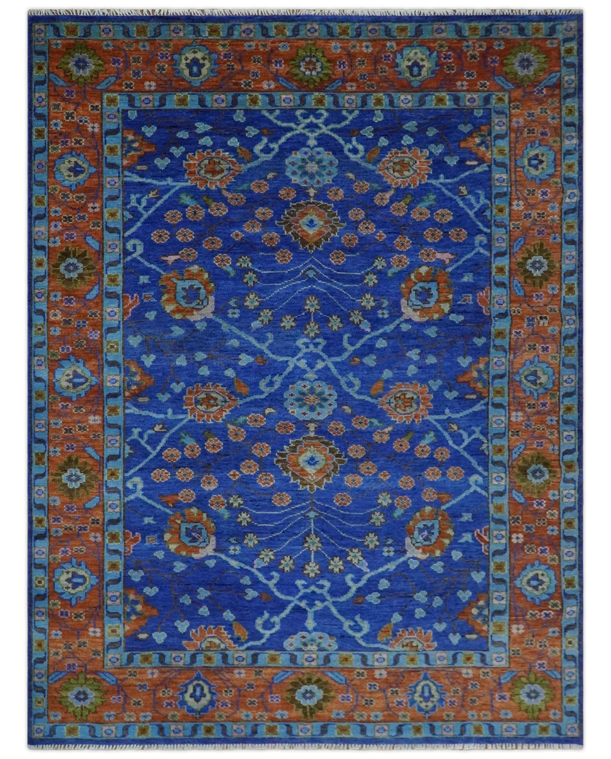 Blue and Rust Hand Knotted Traditional Floral Oushak 8.9x12.1 Wool Area Rug