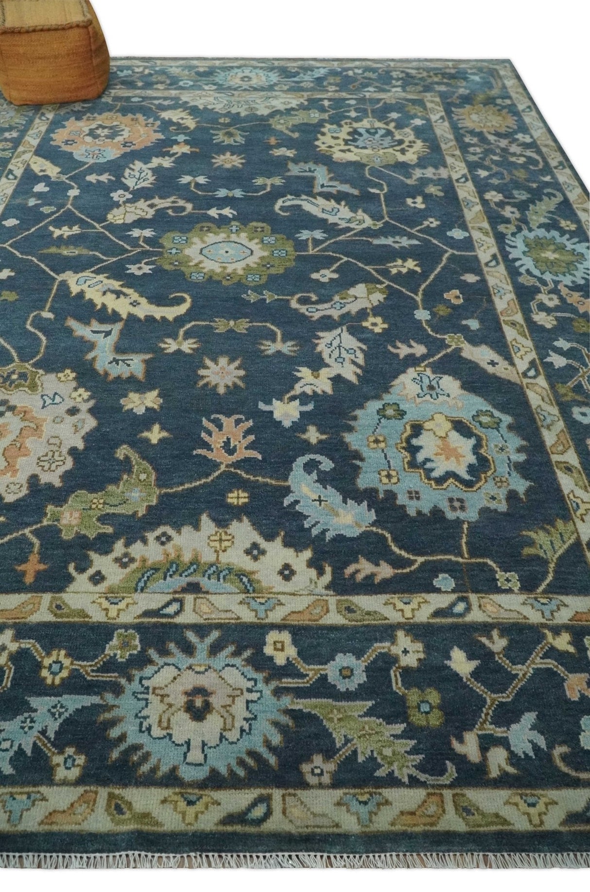 Blue, Beige and Green 10.3x13.8 Hand knotted Traditional Oushak Wool Area Rug, Kids, Living Room and Bedroom Rug