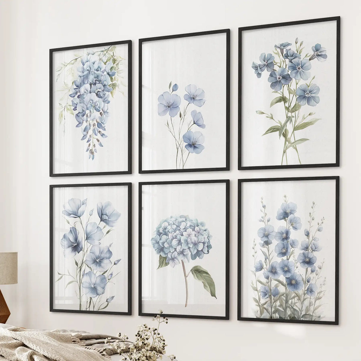 Blue Hydrangea, Wisteria, Flax Flowers Art. Set of 6 Prints