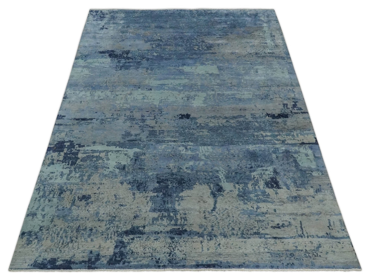 Blue, Ivory and Aqua Modern abstract Hand Knotted 8x10 wool and Bamboo Silk area Rug