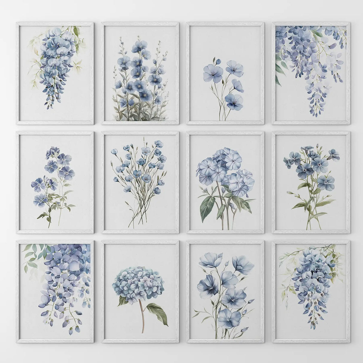 Set of 12 Watercolor Flowers Prints. Blue Hydrangea Wall Art