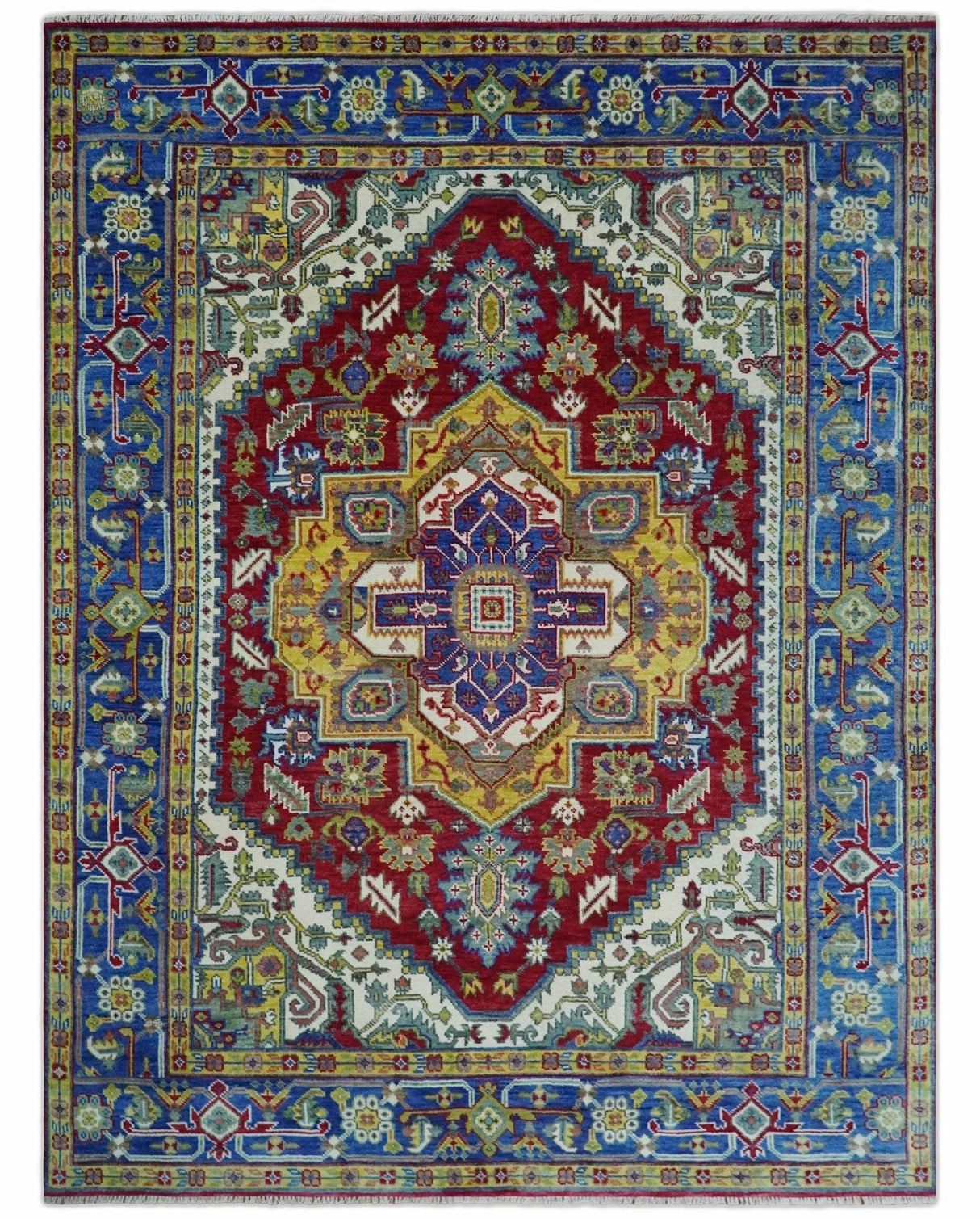 Blue, Maroon and Gold Hand Knotted Antique 9x12 Traditional Wool Rug