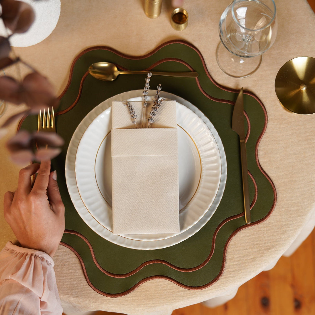 HAVEN DARK GREEN BROWN TRIM WAVY EDGE FAUX LEATHER PLACEMAT