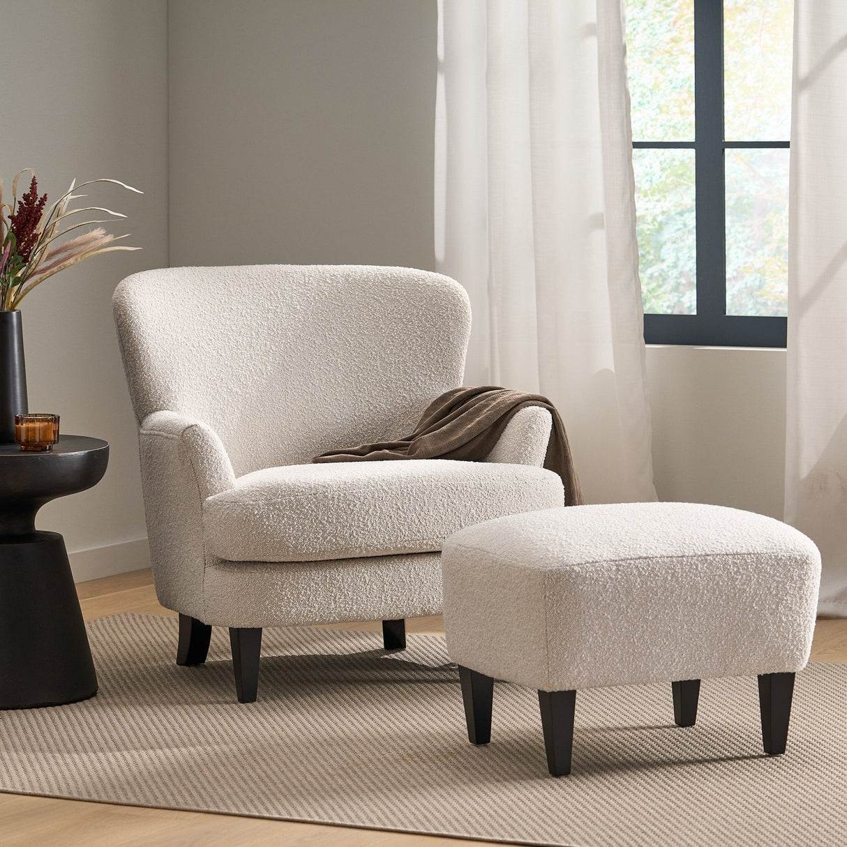 Boucle Fabric Upholstered Accent Chair with Ottoman - Accent Chairs