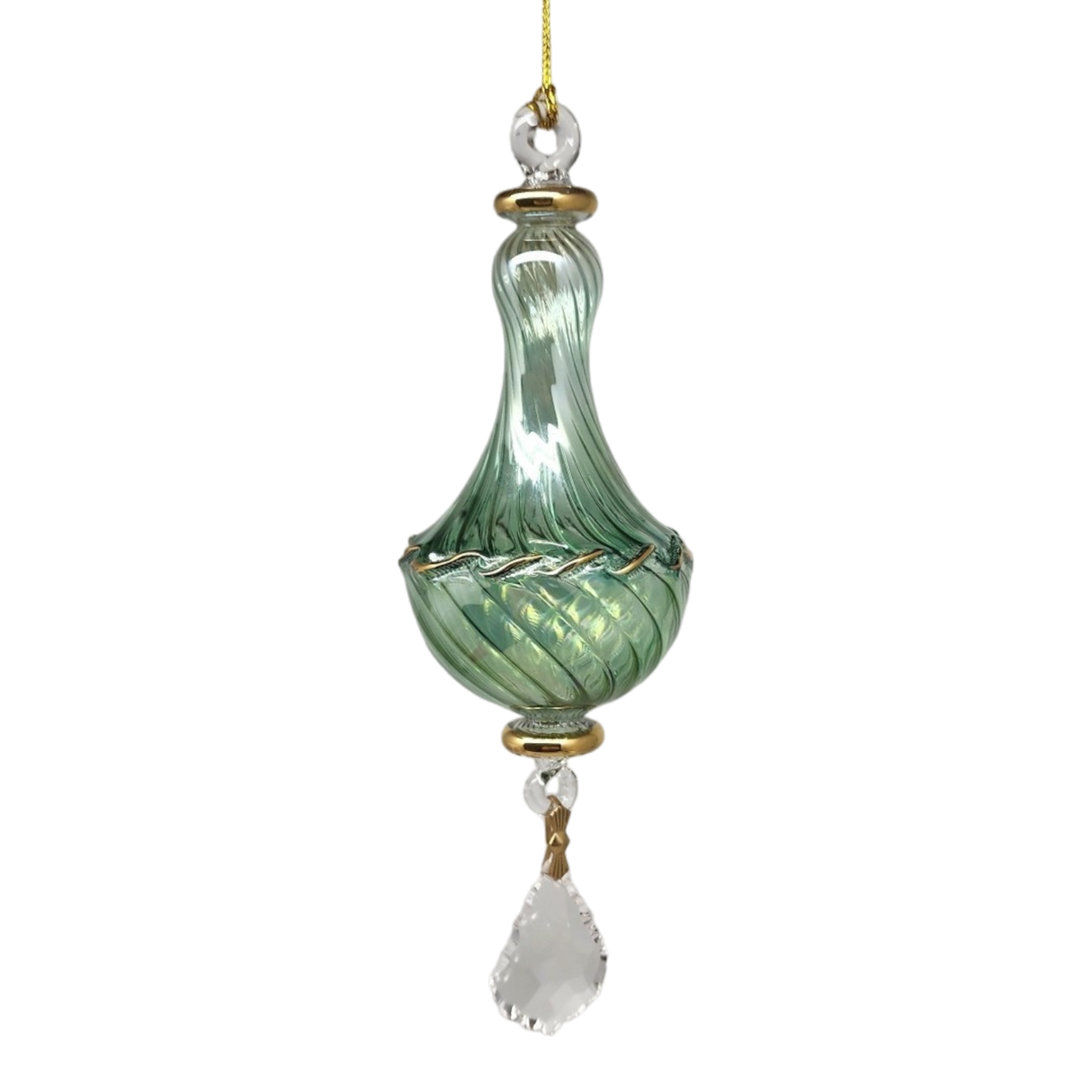 Blown Glass Twisted Chandelier Ornament with Crystal Dangle - green