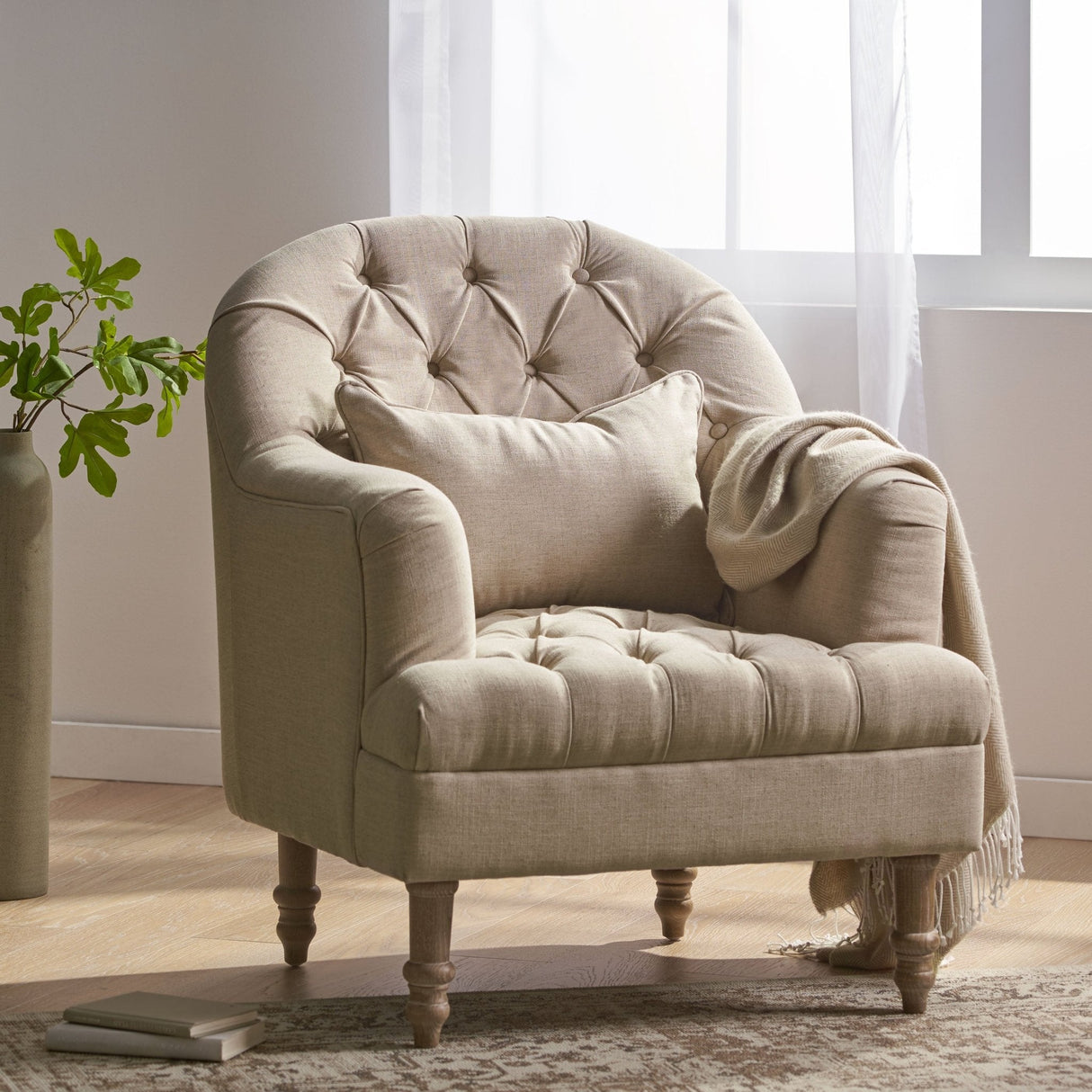 Button Tufted Accent Chair with Decorative Pillow - Accent Chairs