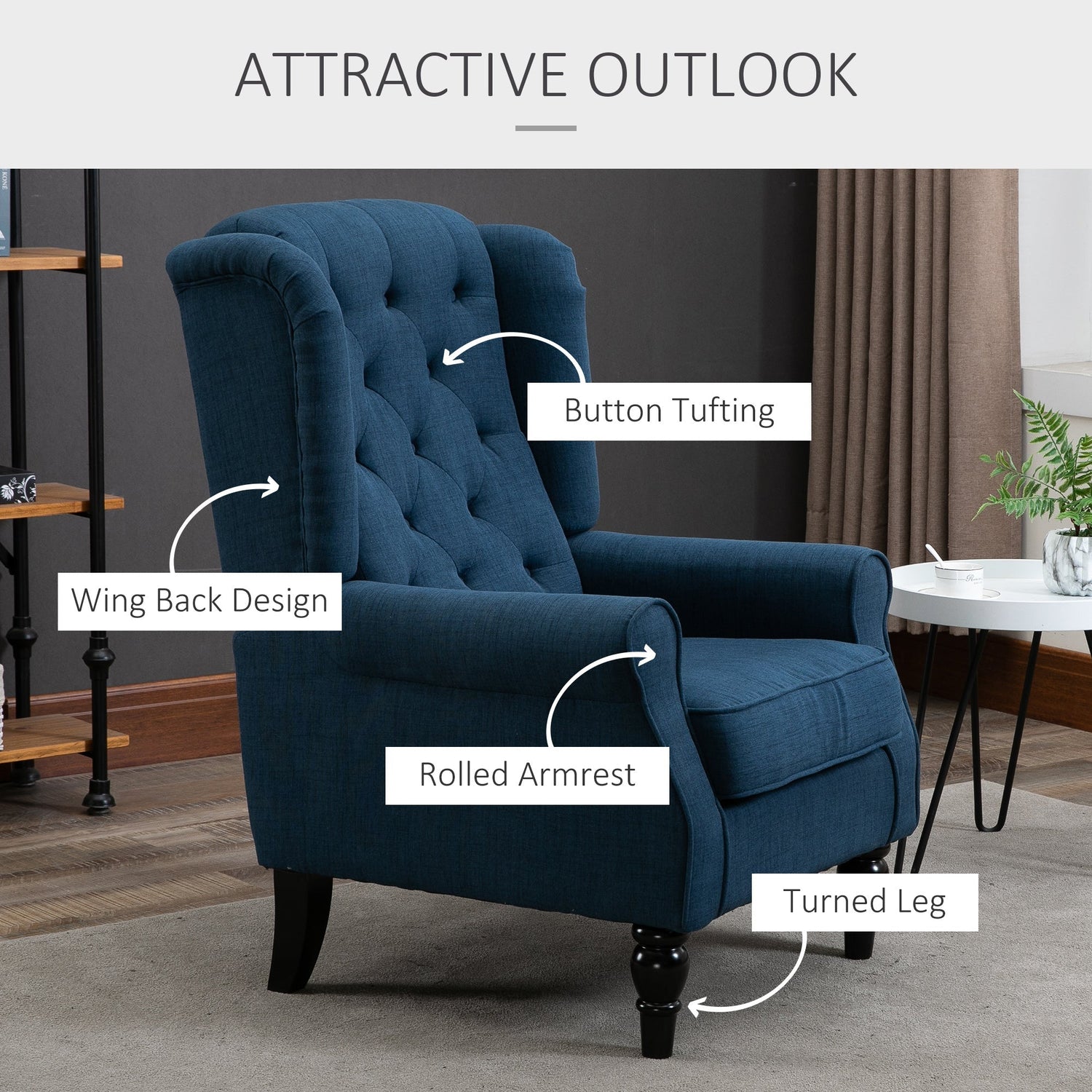 Button Tufted Upholstered Accent Chair with Wing Back and Rolled Arms - Accent Chairs