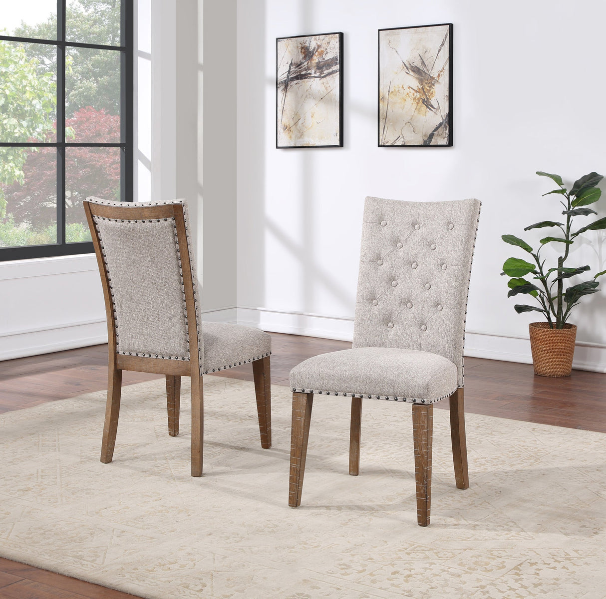 Button Tufted Upholstered Side Chair with Nailhead Trim and Solid Back, Set of 2 - Accent Chairs