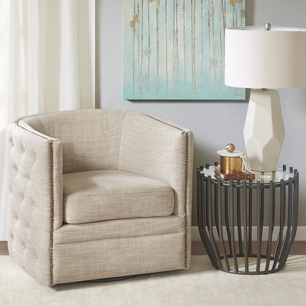 Button Tufted Upholstered Swivel Chair with Low Back and Nailhead Trim - Accent Chairs