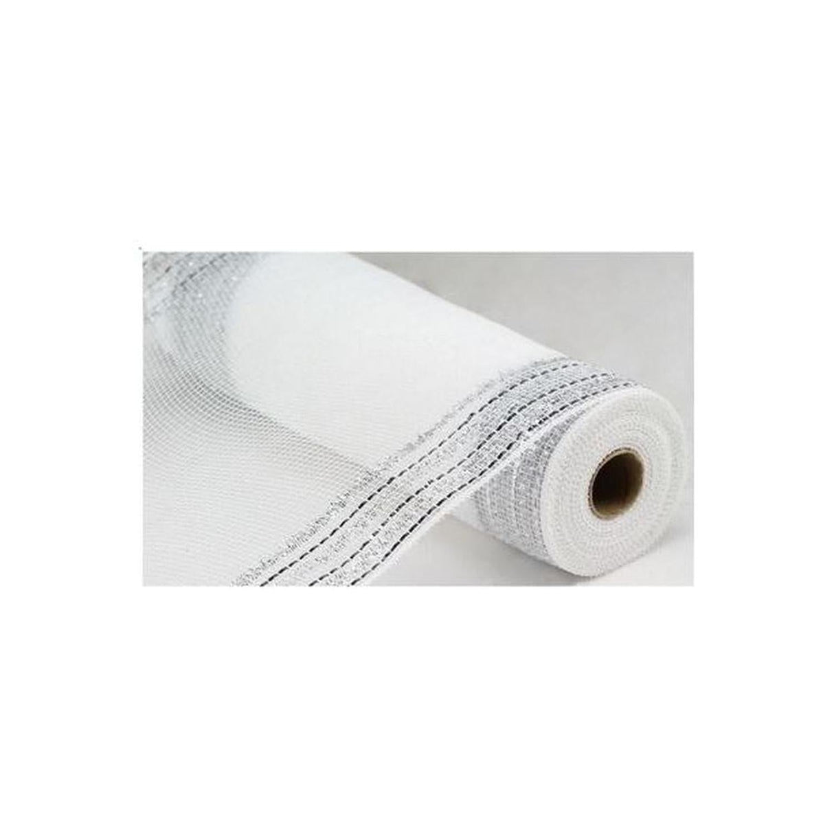 10" Border Stripe Faux Jute Mesh Ribbon: White/Silver (10 Yards)