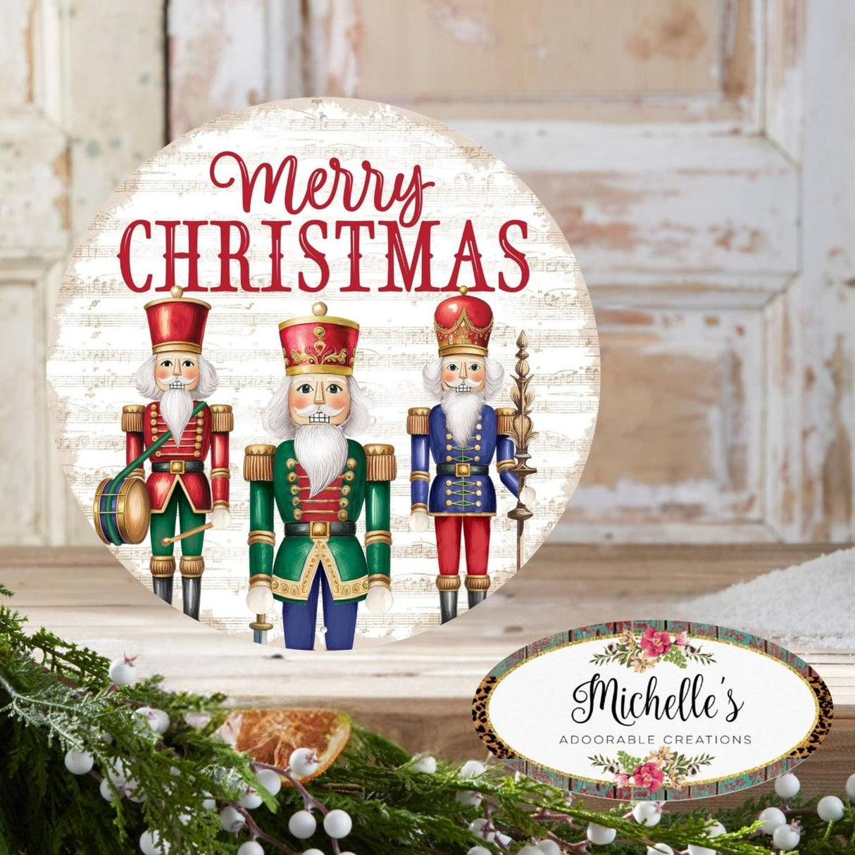 12" Metal Round Sign: Nutcracker Merry Christmas