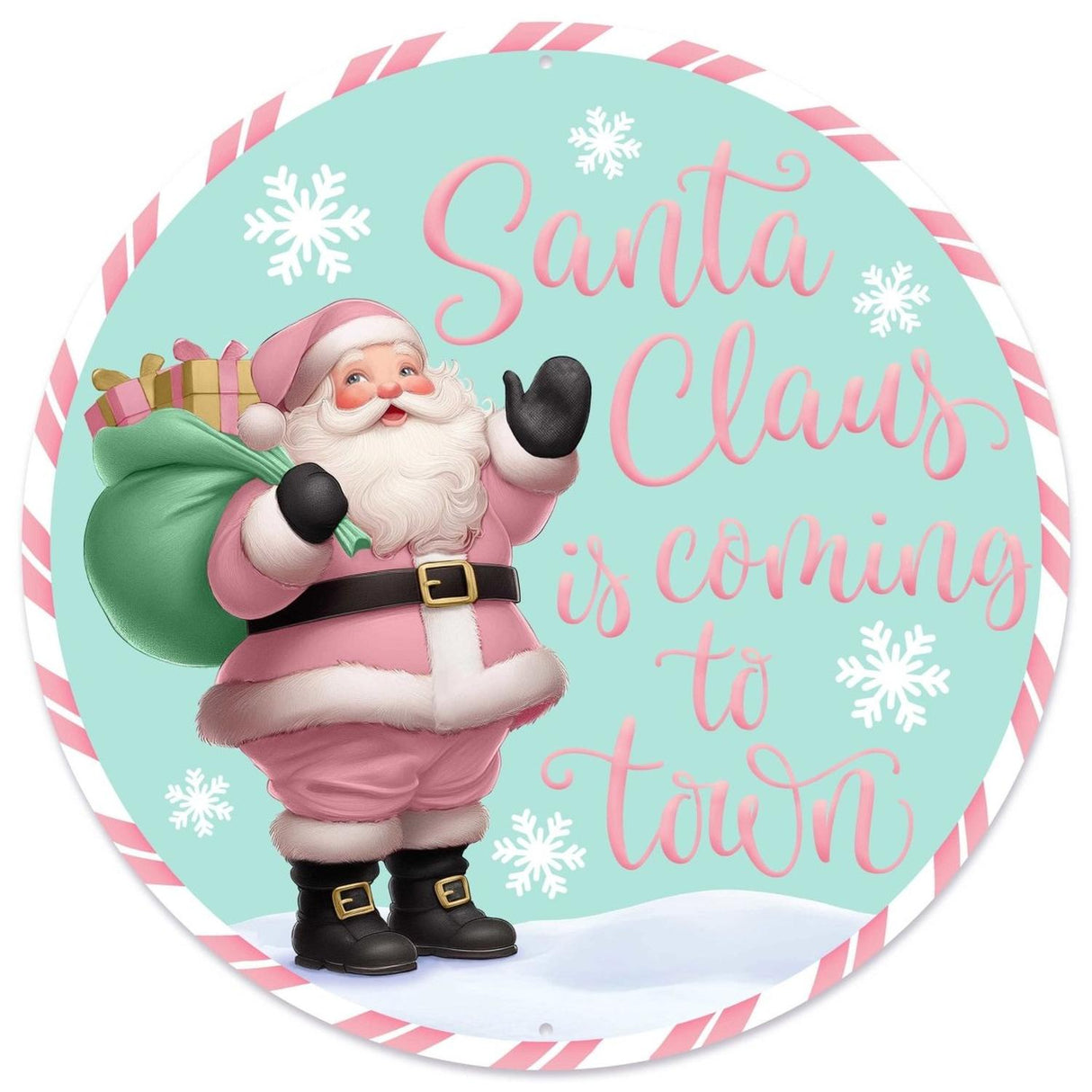12" Metal Round Sign: Santa Coming To Town (Ice Blue)