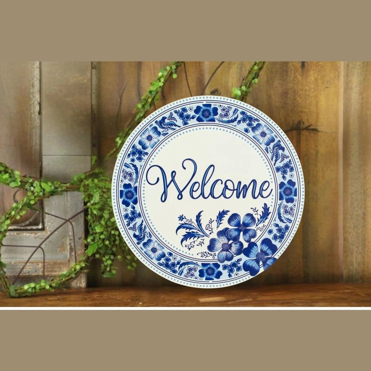12" Metal Round Sign: Welcome Blue Floral
