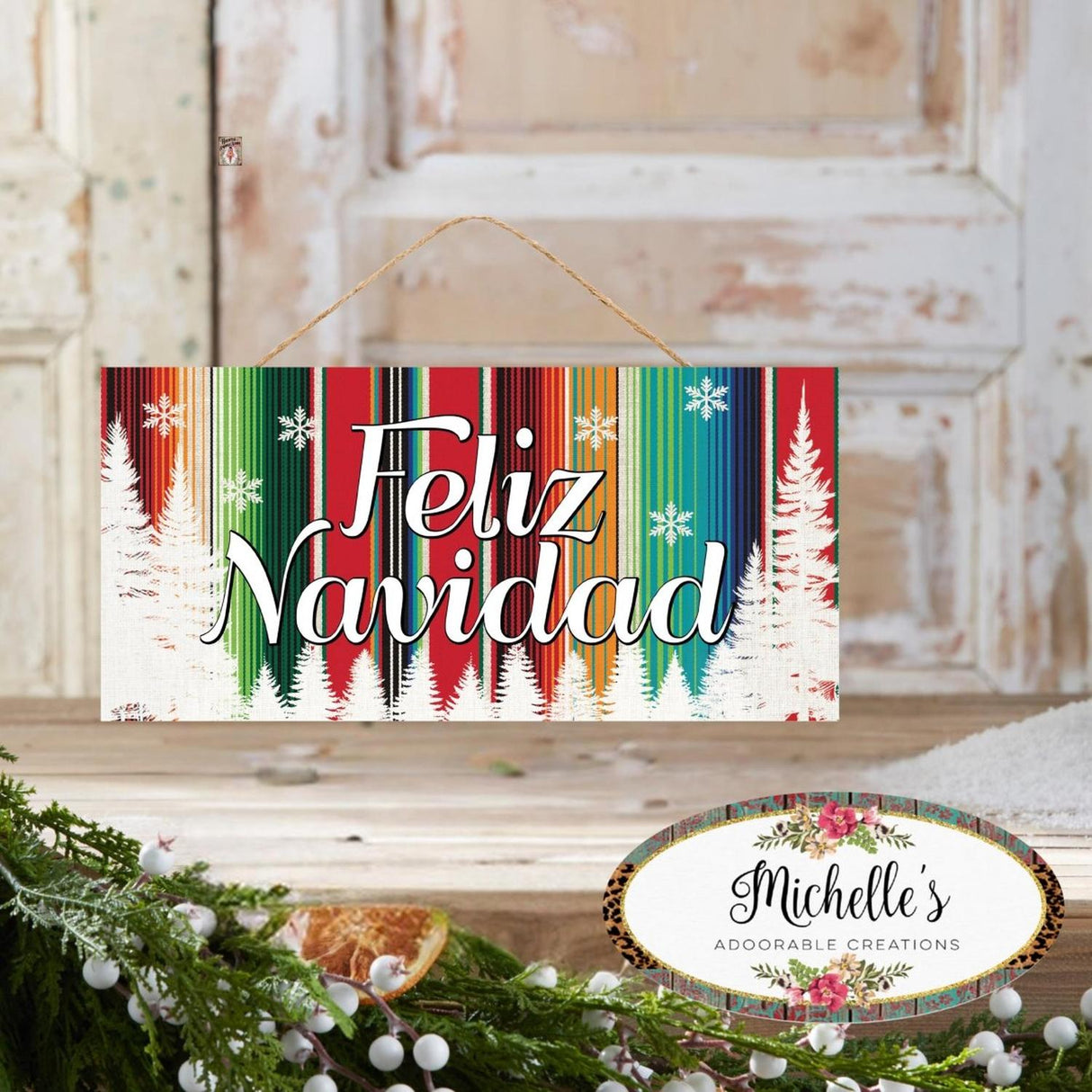 12" Wooden Sign: Serape Feliz Navidad