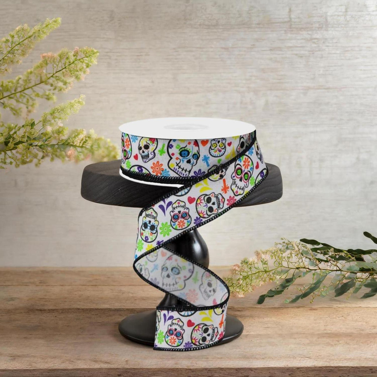 1.5" Day of the Dead Ribbon: White (10 Yards)