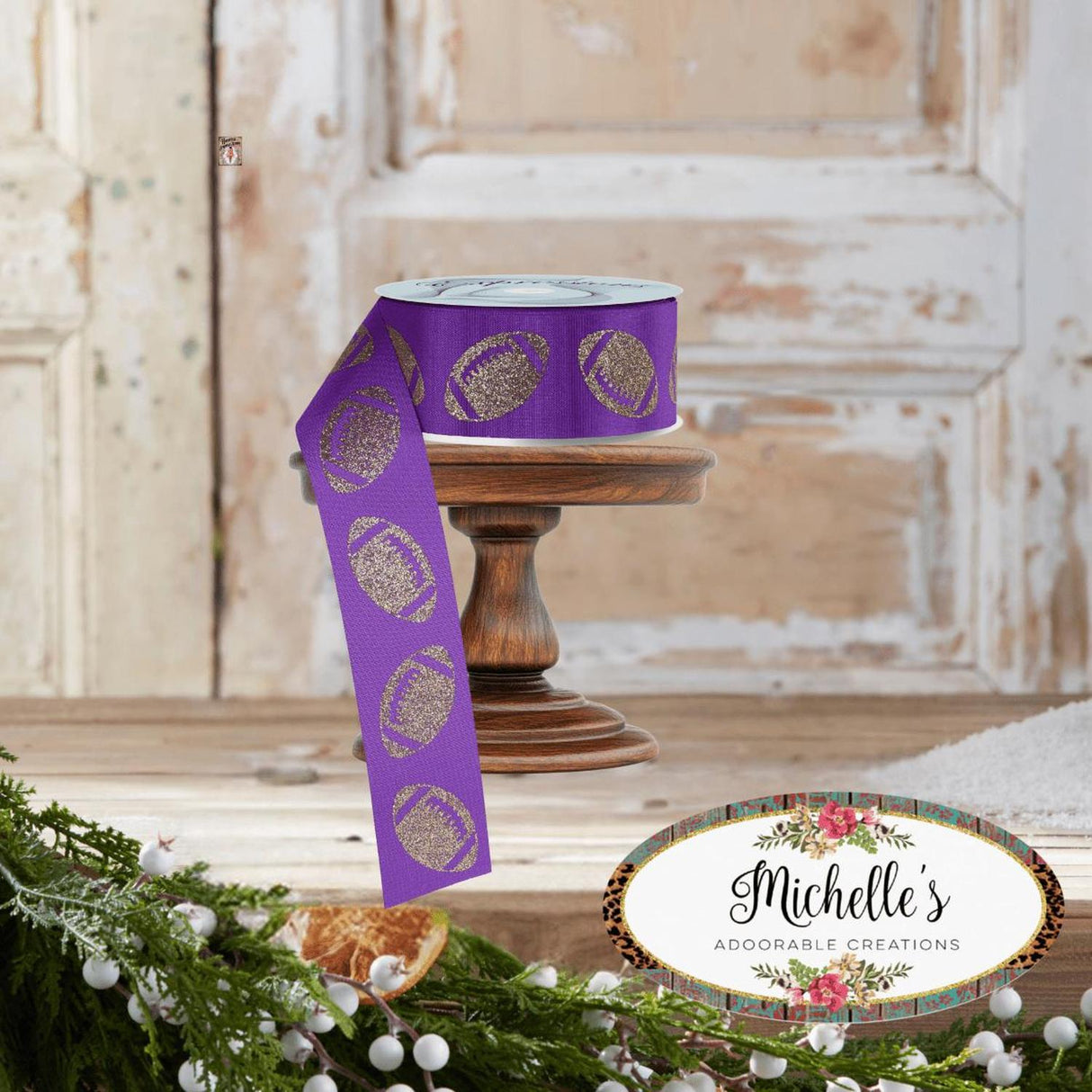 1.5" Glitter Football Ribbon: Purple/Gold (100 Feet)
