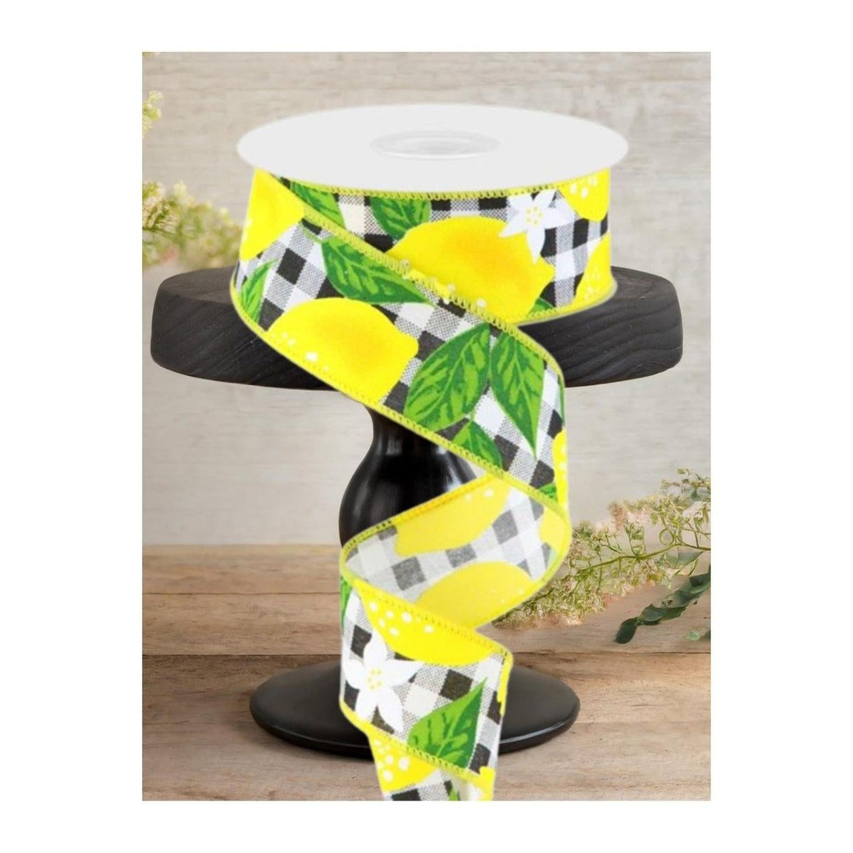 1.5" Lemon Check on Royal Ribbon: Black & White (10 Yards)