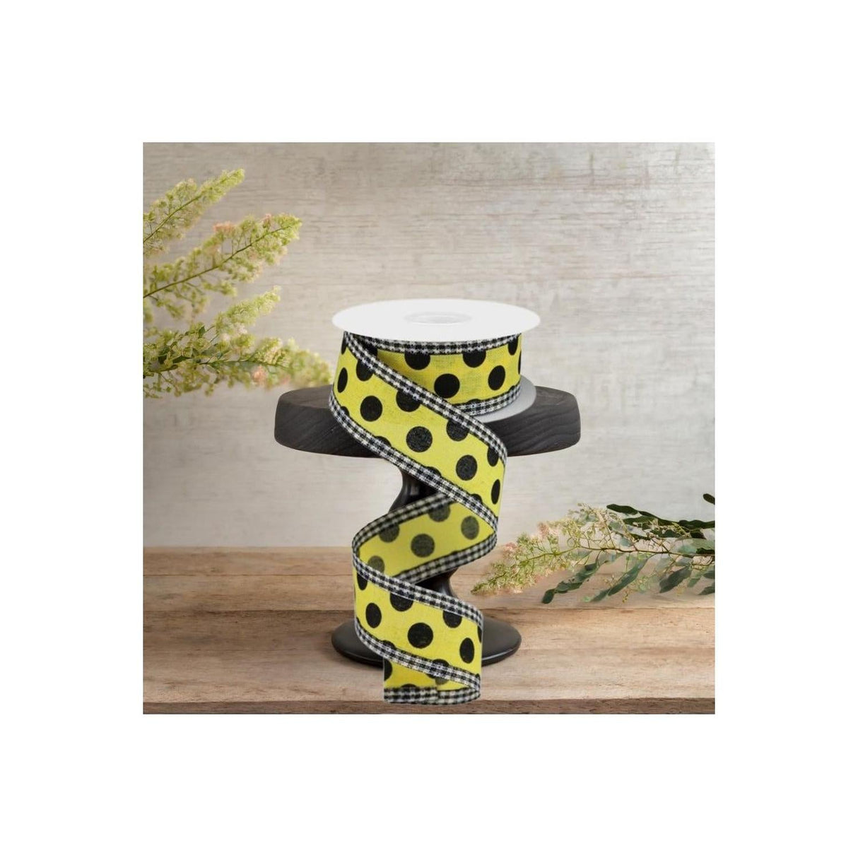 1.5" Medium Polka Dots Gingham Edge: Yellow & Black (10 Yards)