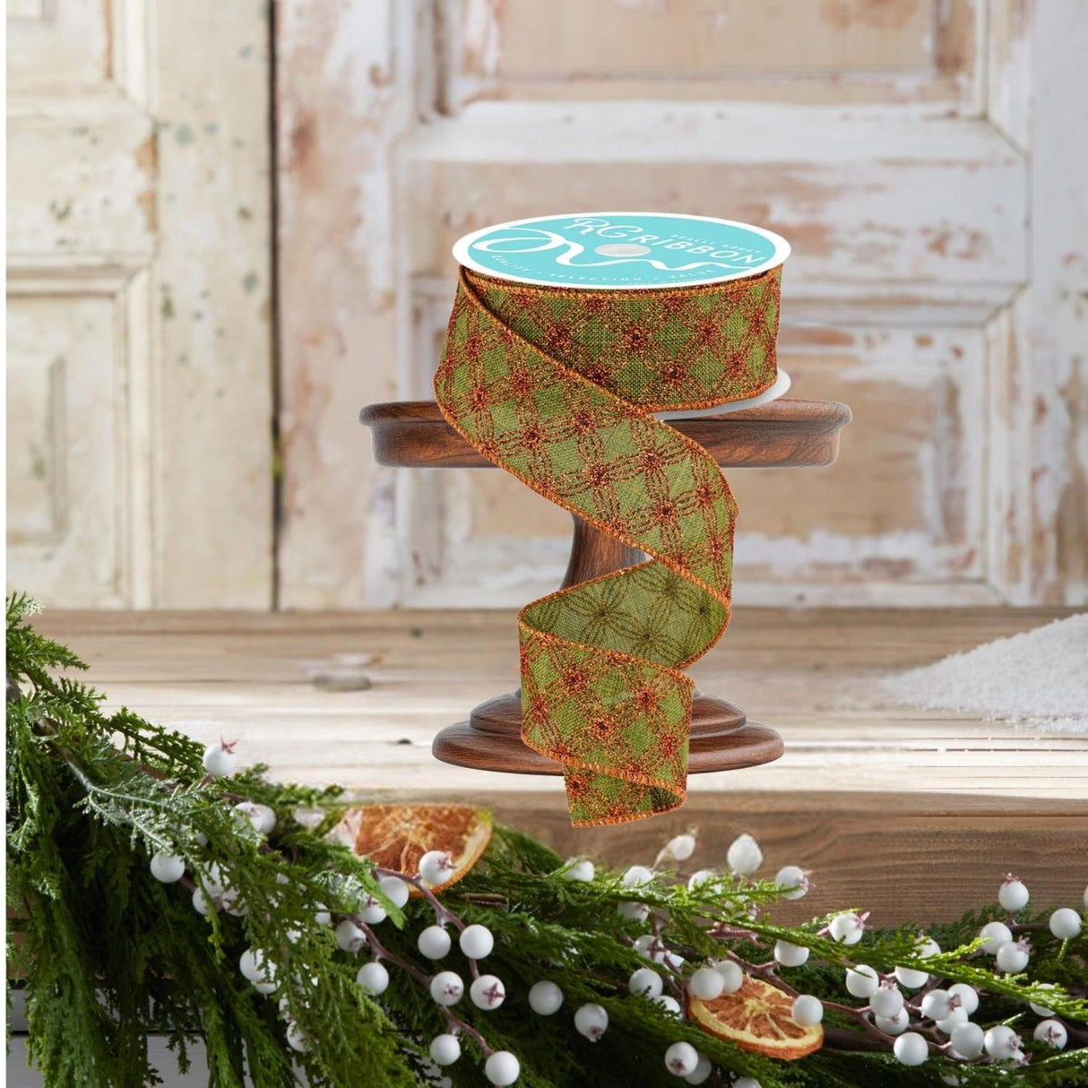 1.5" Multi Circles and Dots Ribbon: Green/Copper (10 Yards)