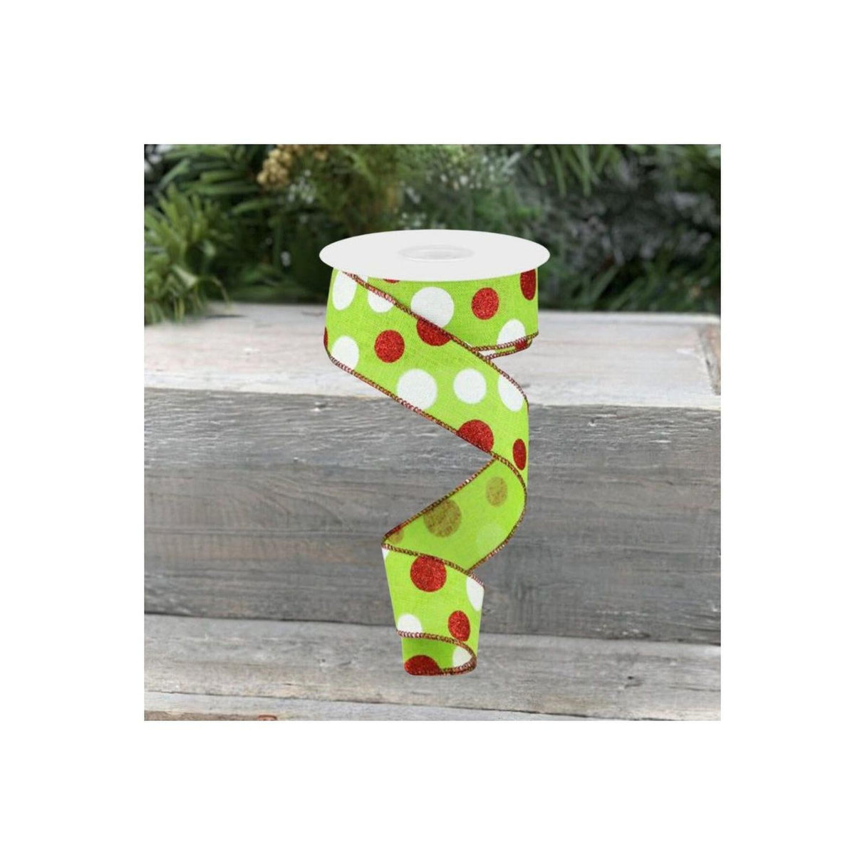 1.5" Multi Glitter Dots Ribbon: Lime Green, Red, White (10 Yards)