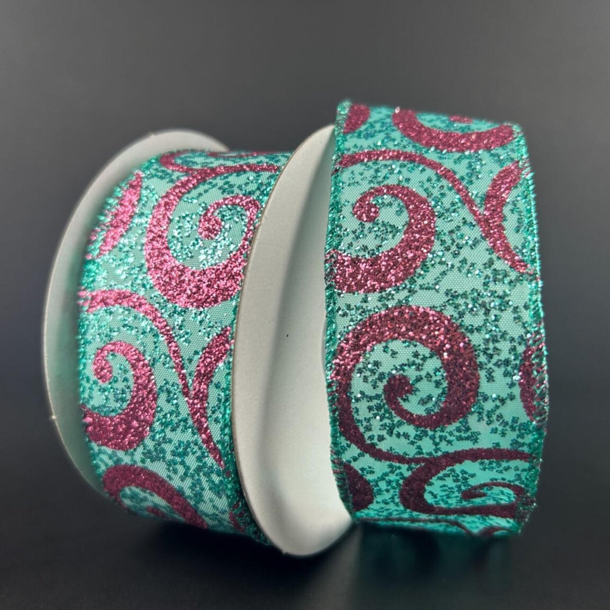 1.5" Pink Glitter Swirl Ribbon: Teal (10 Yards)
