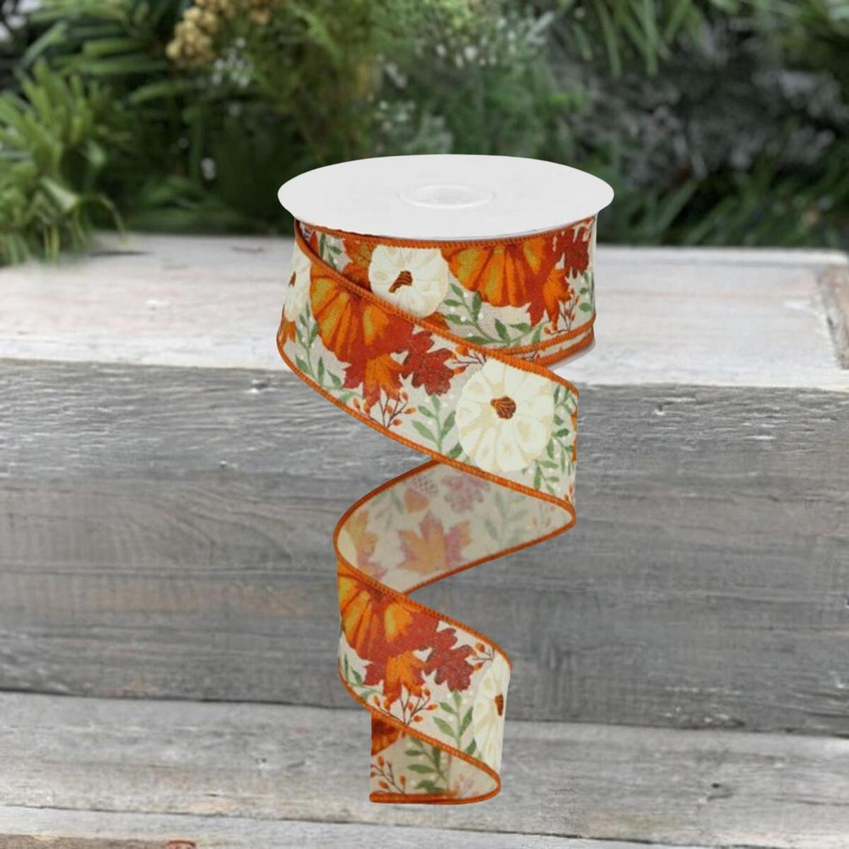 1.5" Pumpkin Foliage Ribbon: Cream (10 Yards)
